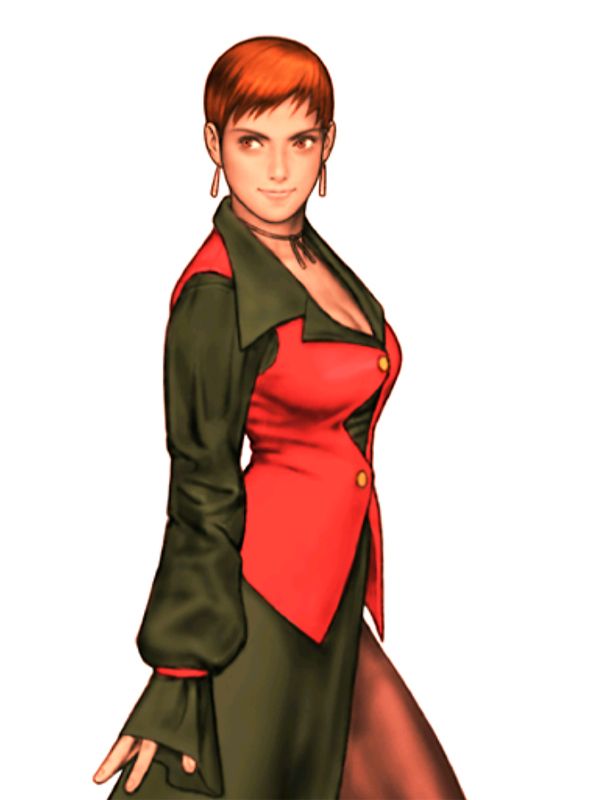 breasts brown_hair capcom_vs_snk choker cleavage earrings jewelry king_of_fighters lips long_skirt mori_toshiaki nose official_art pantyhose shinkiro short_hair skirt snk solo vest vice