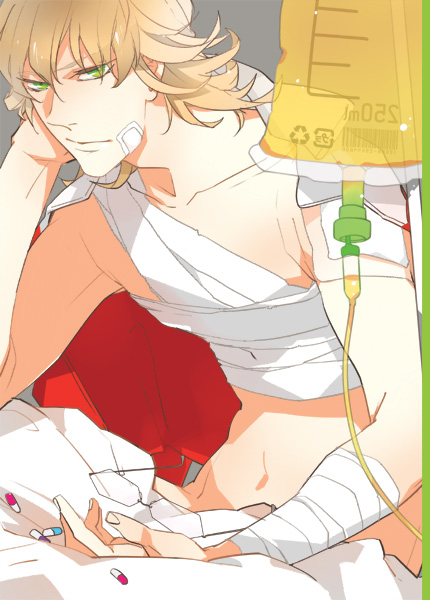 apatas bandage bandages barnaby_brooks_jr blanket blonde_hair drugs glasses green_eyes intravenous_drip jacket looking_at_viewer male medical navel no_glasses nude pill red_jacket sheets shirtless sitting solo tiger_&amp;_bunny topless