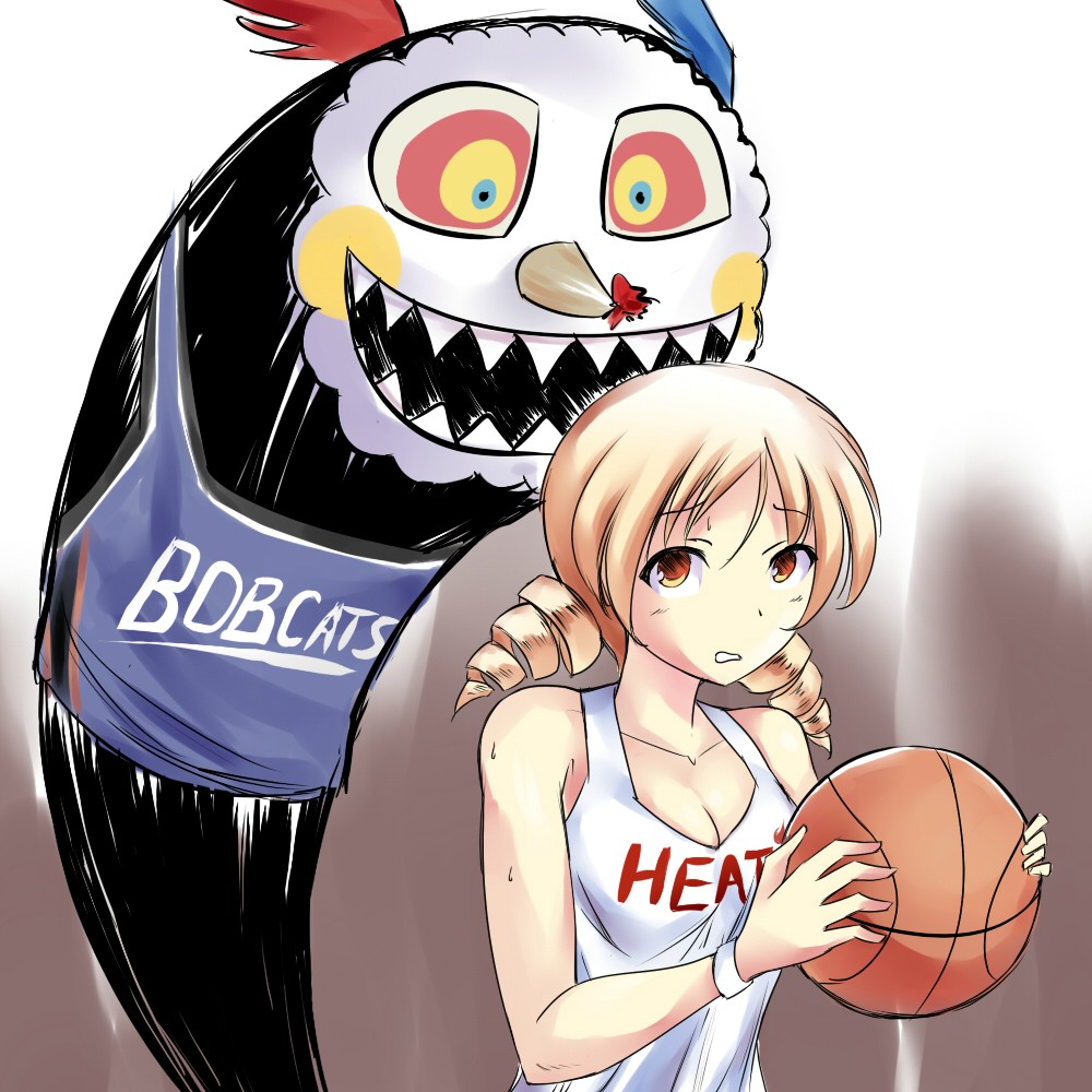 bare_shoulders basketball blonde_hair breasts bust charlotte_(madoka_magica) charlotte_bobcats cleavage clothes_writing clothing_writing drill_hair grin jersey mahou_shoujo_madoka_magica mami_mogu_mogu maullarmaullar miami_heat namesake national_basketball_association orange_eyes pun short_hair smile sweat tomoe_mami twin_drills twintails wristband yellow_eyes