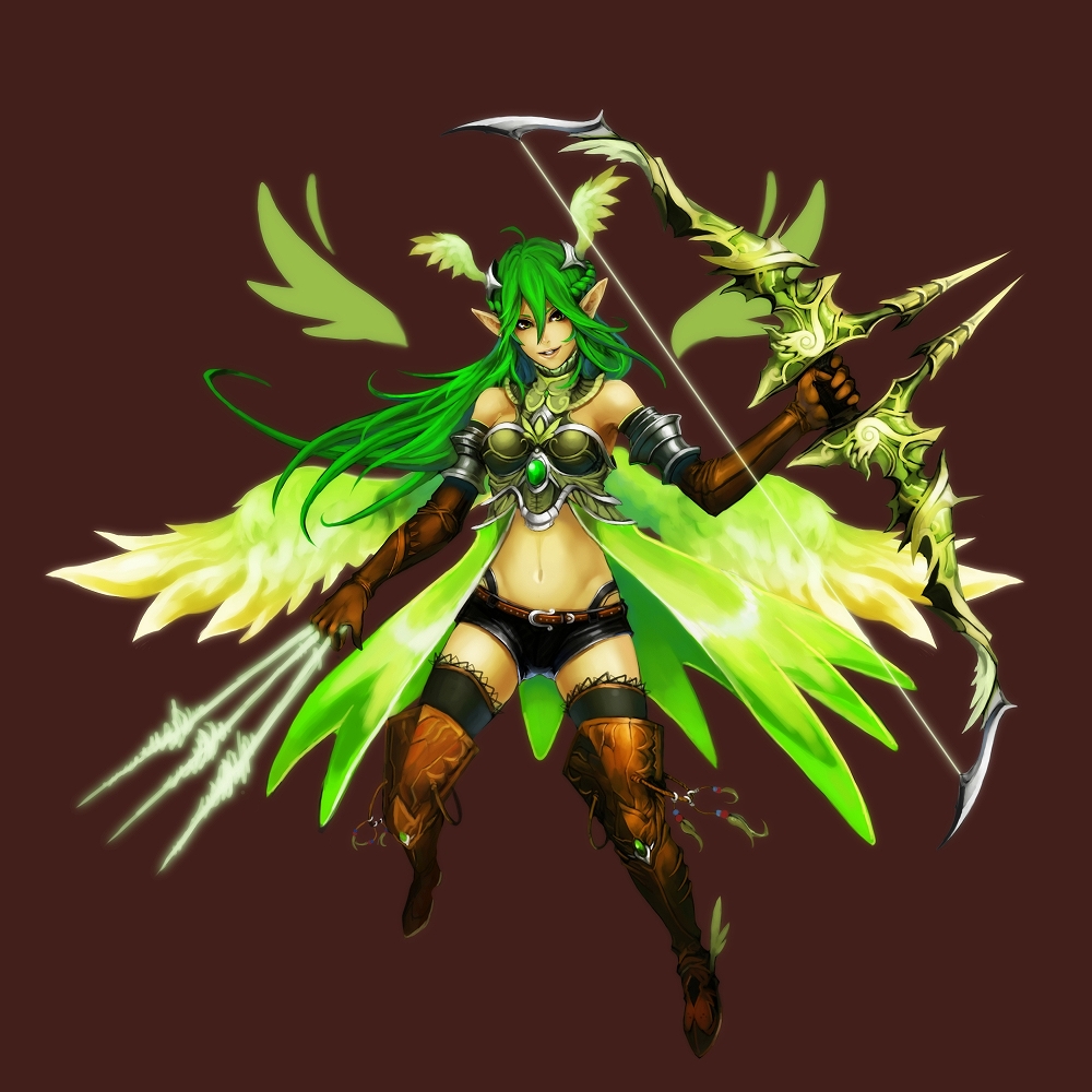 archer armor armpits arrow bare_shoulders belt boots bow bow_(weapon) braid breasts elf gloves green green_hair helm helmet legs long_hair midriff navel original panties pointy_ears shorts smile solo thigh-highs thighhighs thong underwear weapon white_eyes wings youichi