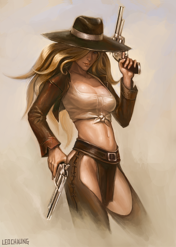 belt blonde_hair breasts chaps cleavage cowboy_hat cowgirl dual_wielding front-tie_top gun hair_over_one_eye handgun hat league_of_legends leo_chuang lipstick long_hair makeup midriff miss_fortune navel revolver sarah_fortune solo tied_shirt weapon western