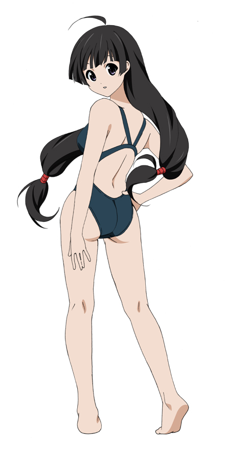 ass barefoot black_eyes black_hair competition_swimsuit feet from_behind fukuoka_katsumi kohak_hearts long_hair looking_back low-tied_long_hair one-piece_swimsuit solo swimsuit tales_of_(series) tales_of_hearts twintails white_background