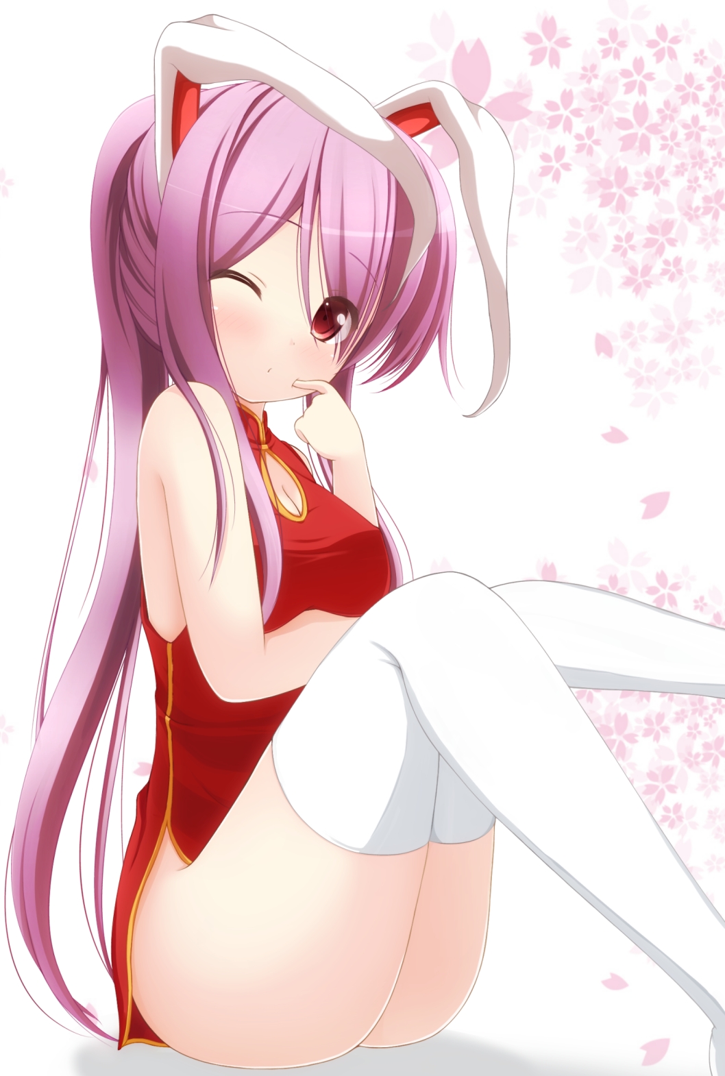 alternate_costume animal_ears ass bunny_ears chimunge china_dress chinadress chinese_clothes dress finger_to_face highres long_hair no_bra no_panties nopan purple_hair red_dress red_eyes reisen_udongein_inaba sleeveless sleeveless_dress solo thigh-highs thighhighs touhou white_legwear wink