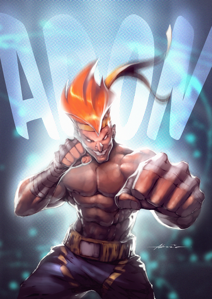 abs adon character_name clenched_hands clenched_teeth fighting_stance fist grin halftone halftone_background moire mongkhon muscle no_pupils nose orange_hair shorts signature smile solo street_fighter wrist_wraps