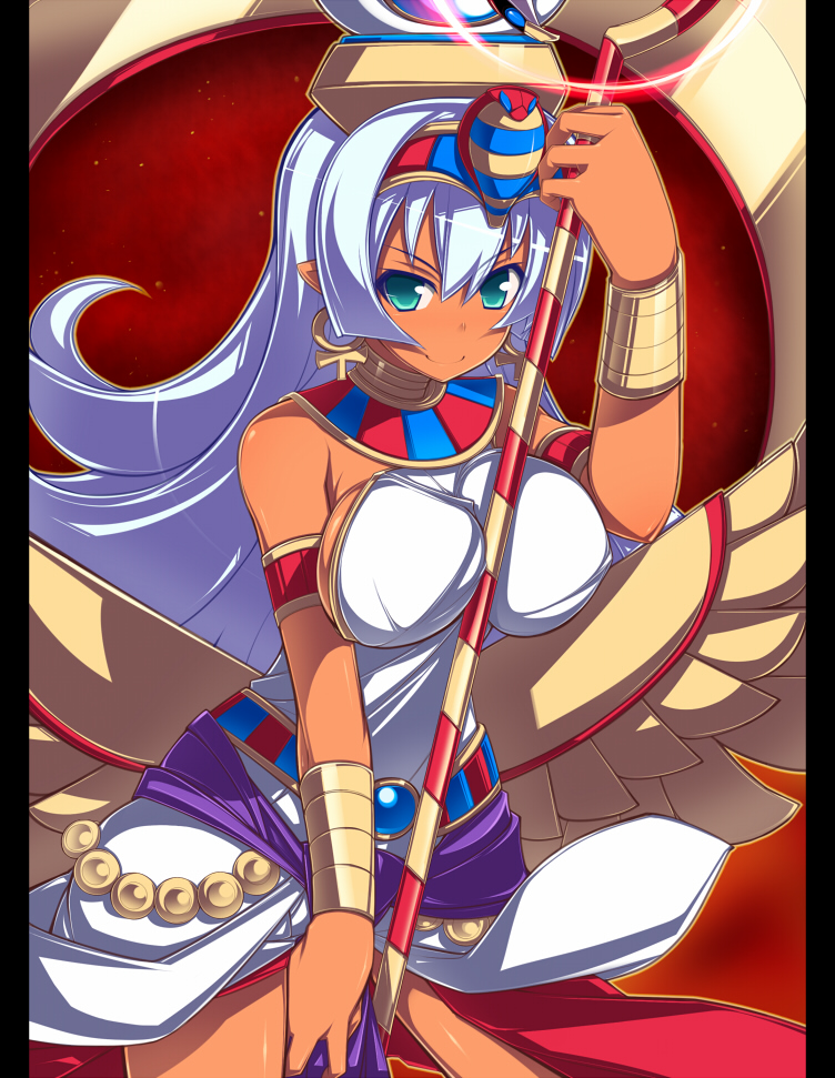 1girl ankh armlet beads between_breasts bracelet breasts dark_skin dress earrings egyptian green_eyes headdress isis_(shinrabanshou) jewelry katami_shinta large_breasts looking_at_viewer low_wings neck_ring pointy_ears shinrabanshou smile solo staff white_hair wings
