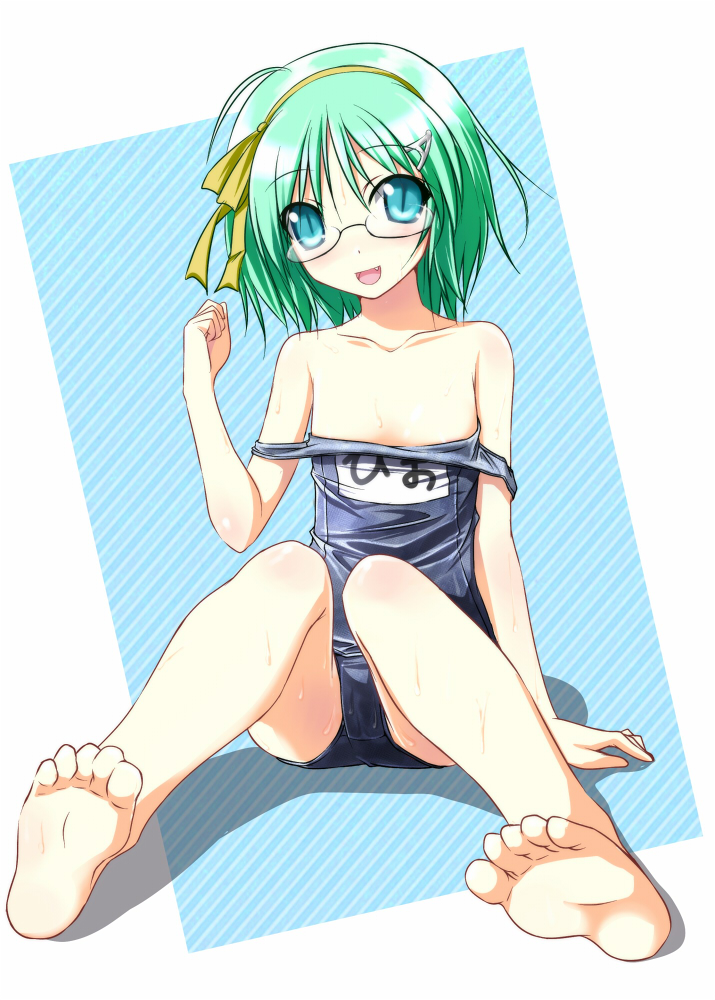 bare_shoulders barefoot blush collarbone feet flat_chest foreshortening glasses green_eyes green_hair highres hio_raichi kyou_ami! nirap one-piece_swimsuit open_mouth school_swimsuit short_hair sitting smile soles solo swimsuit toes wet