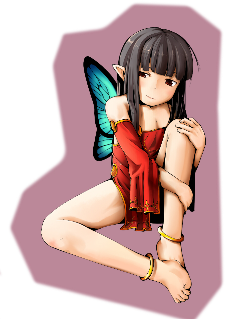 barefoot black_hair butterfly_wings copyright_request feet flat_chest highres jewelry long_hair looking_at_viewer pointy_ears red_eyes shima_(sh1mamu) sitting smile toes wings