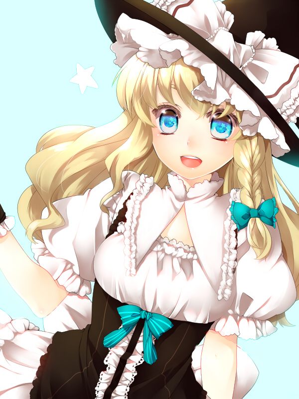 alternate_costume bad_id blonde_hair blue_eyes braid bust curiosities_of_lotus_asia frills hat kirisame_marisa long_hair looking_at_viewer open_mouth puffy_sleeves simple_background single_braid solo star symbol-shaped_pupils touhou witch witch_hat yutazou