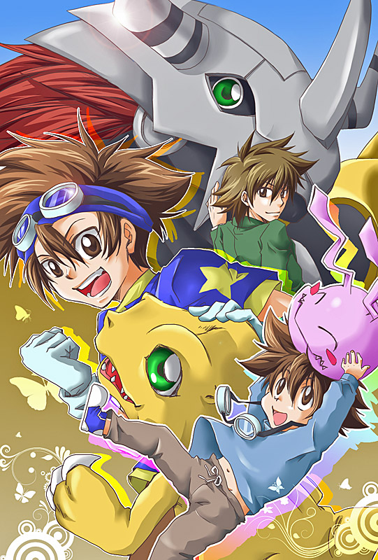 agumon boy brown_hair butterfly casual child clenched_hand digimon digimon_adventure digimon_adventure_02 dinosaur fist friends gloves green_eyes koromon leng_s looking_back multiple_persona navel teenage wargreymon white_gloves yagami_taichi young
