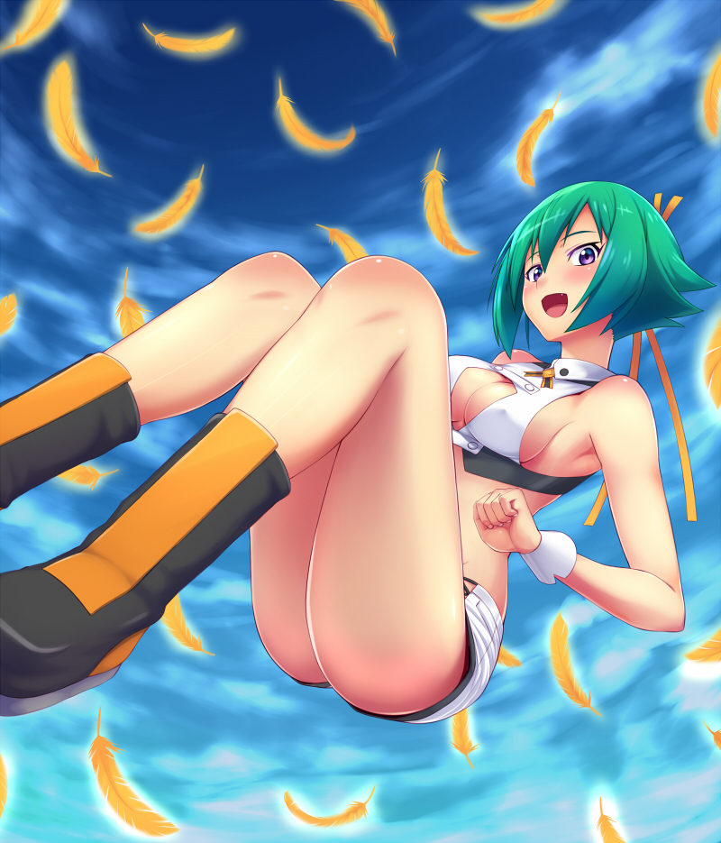 aquarion_(series) aquarion_evol blush boots breasts cleavage cleavage_cutout cloud coupe50 crop_top fang feathers green_hair midriff open_mouth purple_hair short_hair short_shorts shorts sideboob sky solo zessica_wong