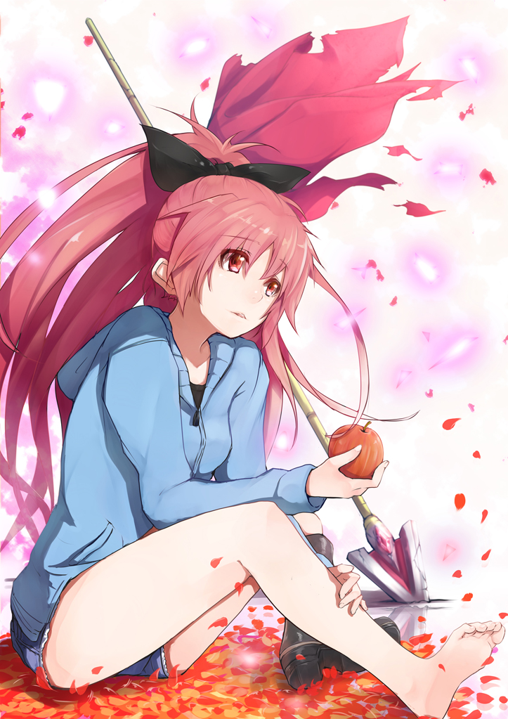 apple barefoot boots bow face feet food fruit hair_bow hands hoodie long_hair mahou_shoujo_madoka_magica nuko-d petals polearm red_eyes red_hair redhead sakura_kyouko short_shorts shorts single_shoe sitting soles solo spear toes weapon wide_ponytail wind