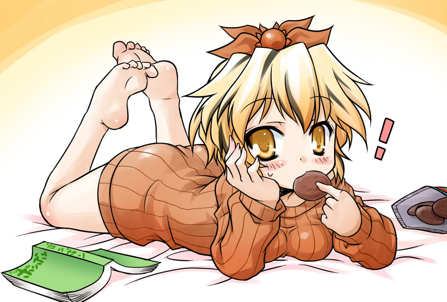 1girl akou_roushi alternate_costume barefoot black_hair blonde_hair blush bottomless eating feet hair_ornament lying multicolored_hair naked_sweater no_pants on_stomach ribbed_sweater soles solo sweater toes toramaru_shou touhou two-tone_hair yellow_eyes