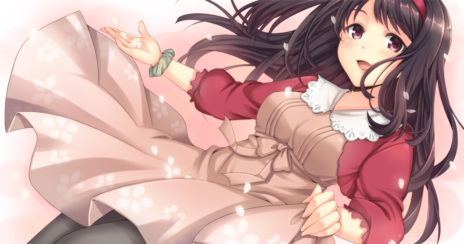 black_hair black_legwear bracelet breasts cherry_blossoms dress dutch_angle flower hairband jewelry k.y_ko long_hair looking_at_viewer open_mouth original pantyhose patterned petals pink_background purple_eyes ribbon simple_background skirt skirt_hold skirt_lift smile solo violet_eyes