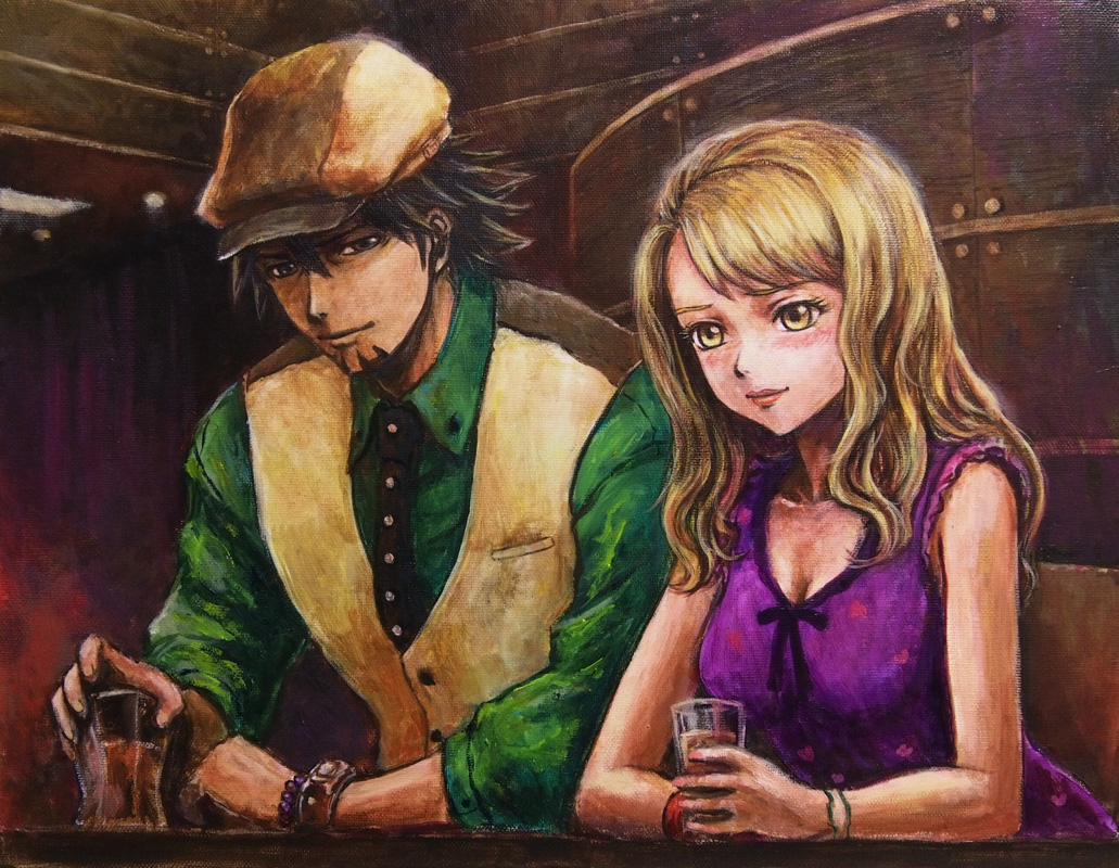 1girl bare_shoulders blonde_hair bracelet brown_eyes brown_hair cabbie_hat dress drink facial_hair hat jewelry kaburagi_t_kotetsu karina_lyle long_hair male necktie short_hair stubble tafuto tiger_&amp;_bunny vest waistcoat watch wristwatch