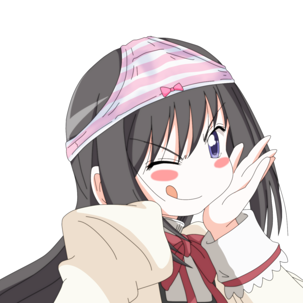 ;q akemi_homura black_hair blush_stickers company_connection creator_connection face long_hair mahou_shoujo_madoka_magica mizushima_(p201112) object_on_head pani_poni_dash! panties panties_on_head parody saitou_chiwa seiyuu_connection seiyuu_joke shaft tongue underwear wardrobe_error wink