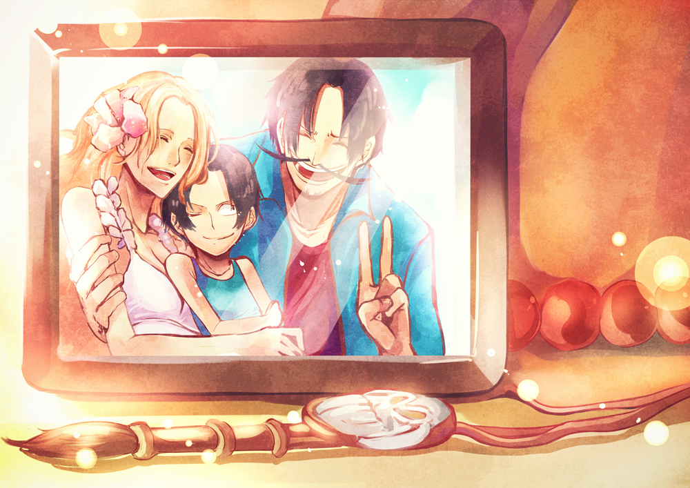 2boys black_hair blonde_hair breasts cleavage closed_eyes eyes_closed facial_hair family father flower freckles gol_d_roger hat long_hair mother multiple_boys mustache one_piece peace photo_(object) picture pipay portgas_d_ace portgas_d_rouge smile son time_paradox v wink