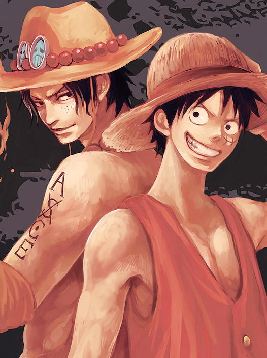 back-to-back brothers fire freckles grin hat manly monkey_d_luffy multiple_boys muscle one_piece portgas_d_ace scar shirtless siblings side_by_side sleeveless sleeveless_shirt smile straw_hat tsuyomaru wide-eyed wide_eyes