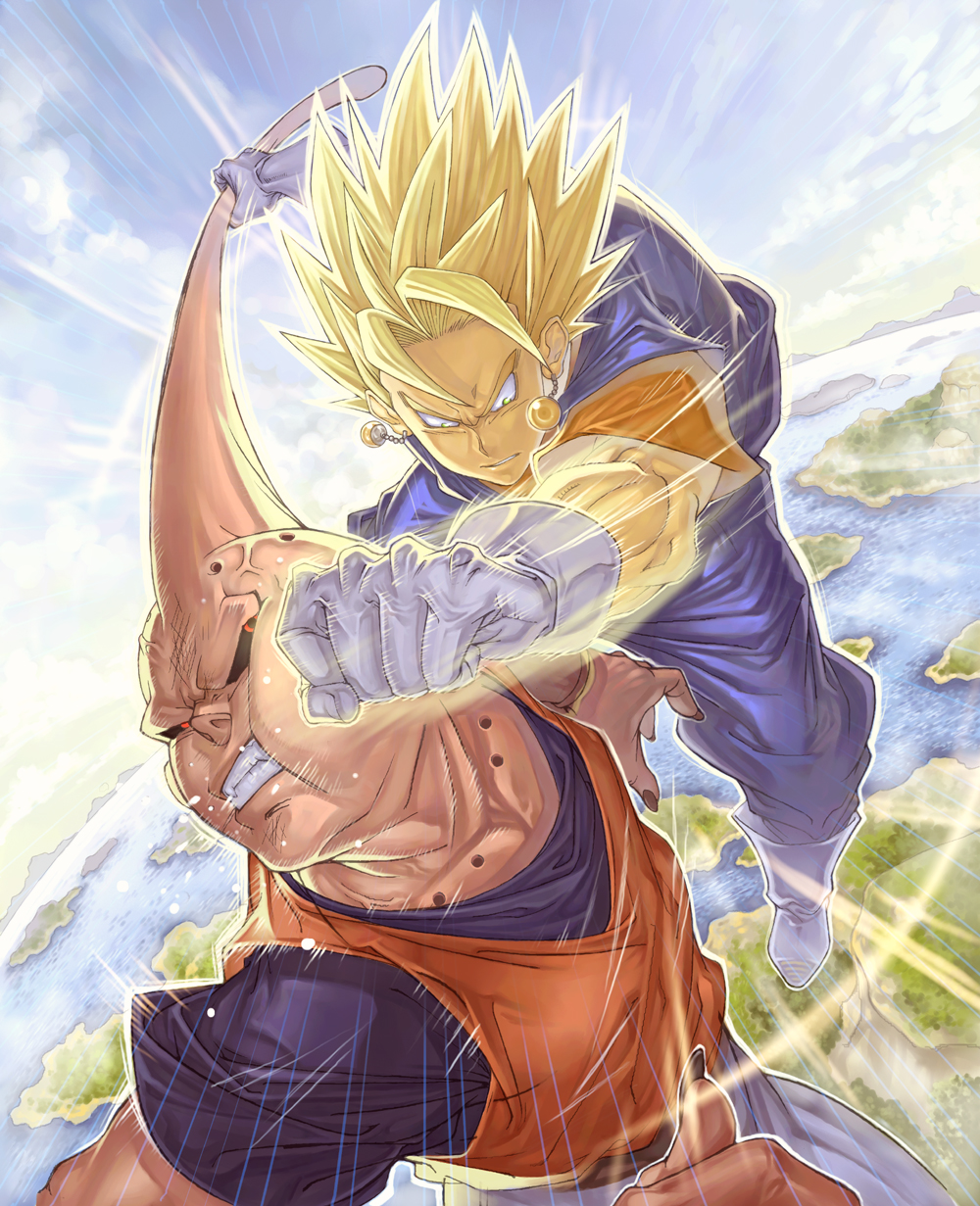 anger_vein aura battle clenched_hand dragon_ball dragon_ball_z dragonball_z earrings fighting fist flying foreshortening gloves highres jewelry katsutake majin_buu motion_lines multiple_boys pink_skin punching spiked_hair spiky_hair super_buu super_saiyan teeth vegetto violence