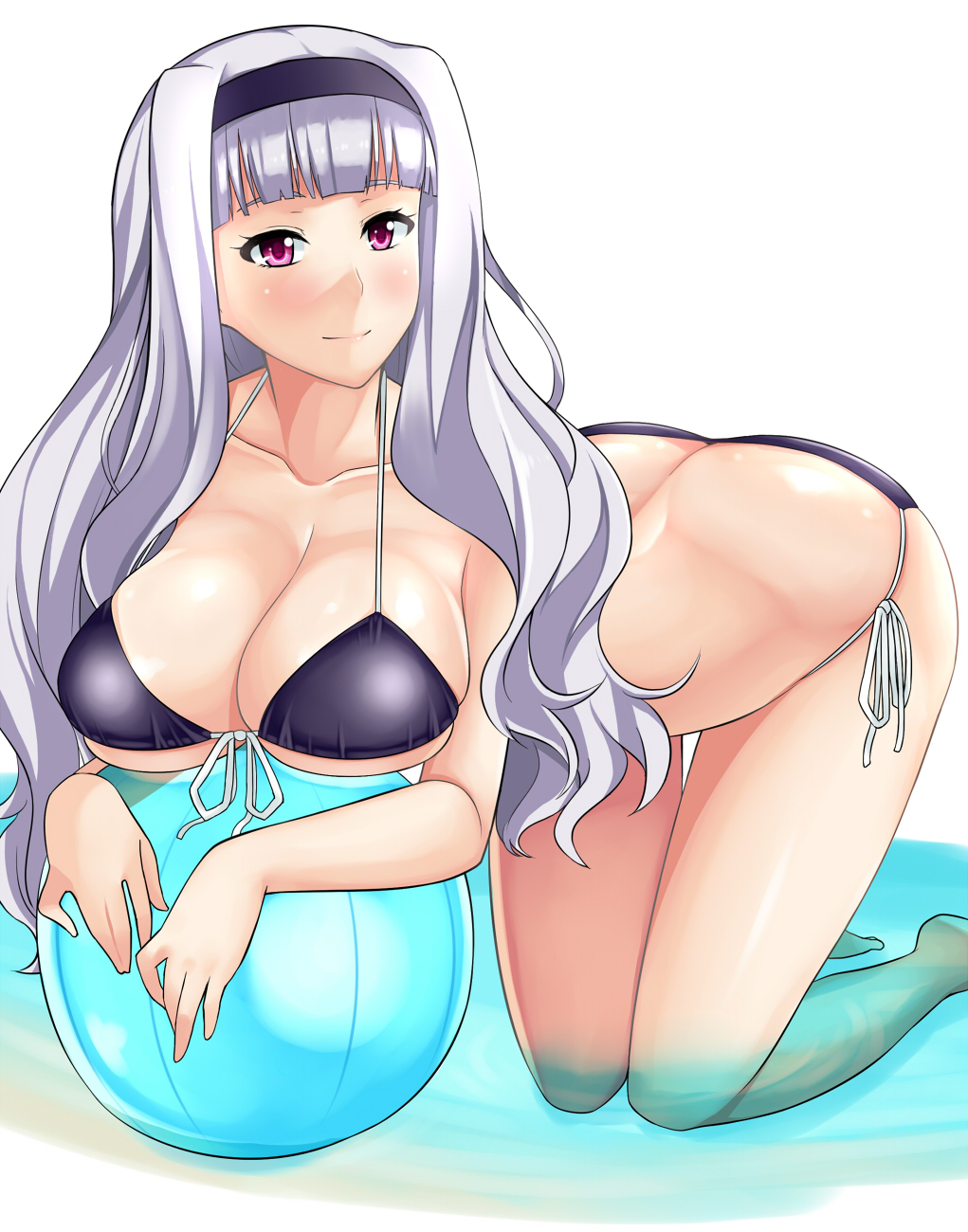 1girl ass ball bare_shoulders beachball bikini breast_rest breasts butt_crack cleavage hai_ookami highres idolmaster large_breasts long_hair pink_eyes revision shijou_takane side-tie_bikini silver_hair smile solo swimsuit