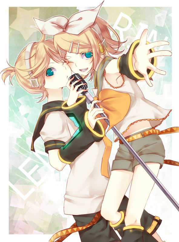 1girl brother_and_sister hair_ornament hair_ribbon hairclip headset kagamine_len kagamine_rin looking_at_viewer microphone microphone_stand okurasaboten ribbon short_hair shorts siblings smile twins vintage_microphone vocaloid wink