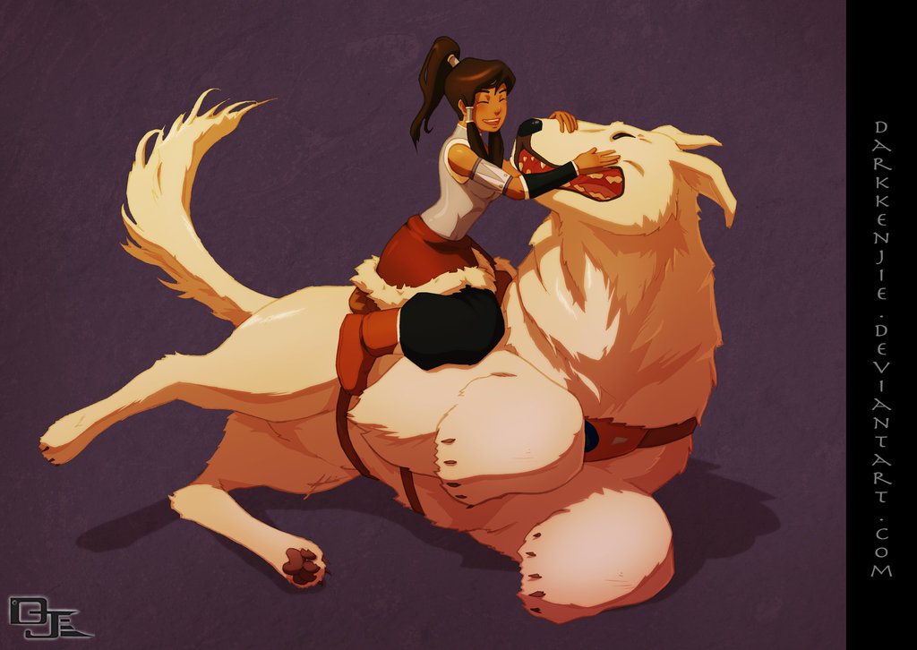 1girl armlet avatar bare_shoulders boots closed_eyes dark_skin darkkenjie dog eyes_closed fangs fur_trim hair_tubes happy korra legend_of_korra naga_(avatar) petting polar_bear saddle skirt tail vambraces watermark web_address