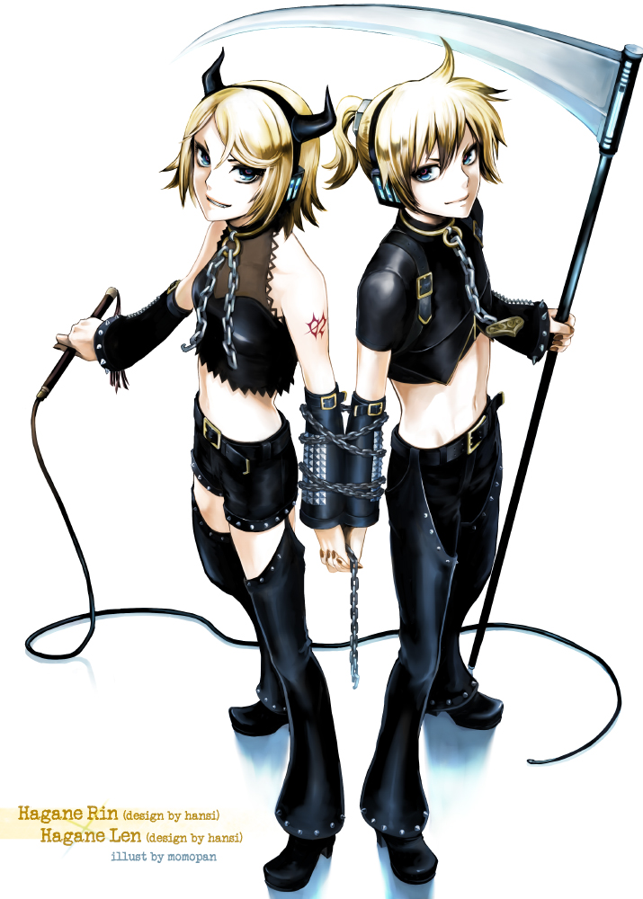 1girl arm_warmers bdsm blonde_hair blue_eyes bondage brother_and_sister chain chains collar demon from_above hagane_len hagane_rin hagane_vocaloid horns kagamine_len kagamine_rin leather looking_at_viewer midriff momopanda navel scythe short_hair siblings smile vocaloid whip