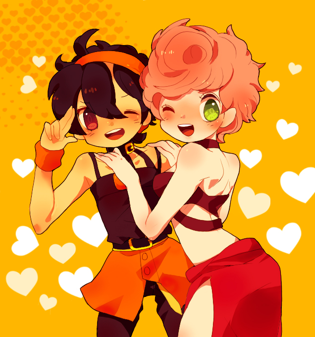 black_hair chibi curly_hair green_eyes hairband headband jojo's_bizarre_adventure jojo_no_kimyou_na_bouken male mirihiko narancia_ghirga pink_hair red_eyes short_hair side_slit skirt trap trish_una wink wristband