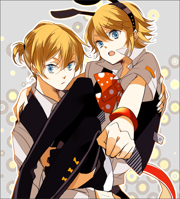 1girl amane_mio blonde_hair blue_eyes brother_and_sister holding kagamine_len kagamine_rin kemonomimi_mode looking_at_viewer open_mouth short_hair siblings skirt thigh-highs thighhighs twins vocaloid