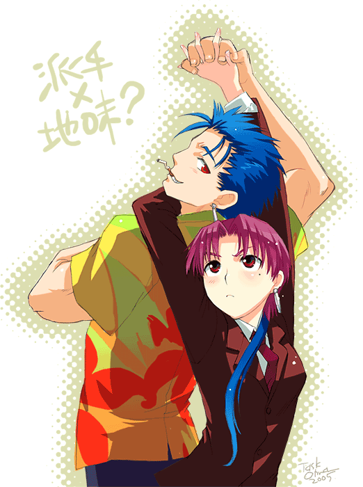 1girl arched_back arm_around_neck back-to-back bazett_fraga_mcremitz blush cigarette couple earrings fate/hollow_ataraxia fate/stay_night fate_(series) formal grin hand_holding hawaiian_shirt height_difference holding_hands interlocked_fingers jewelry lancer long_hair mole neck_hug necktie pant_suit ponytail purple_hair red_eyes signature smile suit task_owner translated