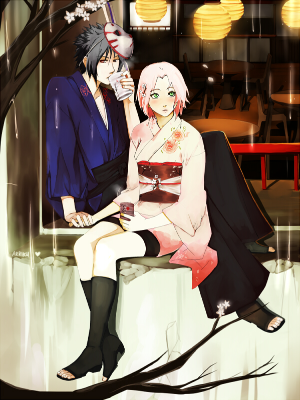 1girl arriku bike_shorts black_hair blush boots chinese_lantern couple cup flower fox_mask green_eyes hair_flower hair_ornament hand_holding haruno_sakura hold_hand holding_hands japanese_clothes kimono lantern mask naruto ninja obi paper_lantern pink_hair short_hair teacup toeless_legwear uchiha_sasuke