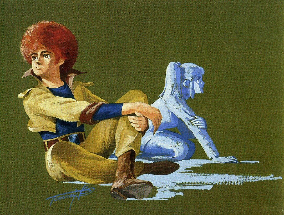 afro belt cosmo_yuki densetsu_kyojin_ideon jacket kasha_imhof kneeling oldschool painting sitting tomonori_kogawa twintails