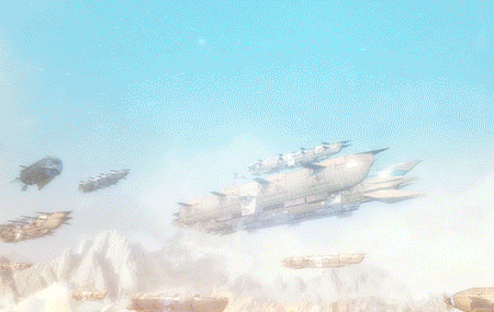 3d airship animated animated_gif arsenixc black_hair blue_eyes choker cloud firing flag flying landscape lens_flare lowres mountain original scenery sheath sky sleeves_past_wrists snowing solo standing steampunk sword unsheathing weapon wind