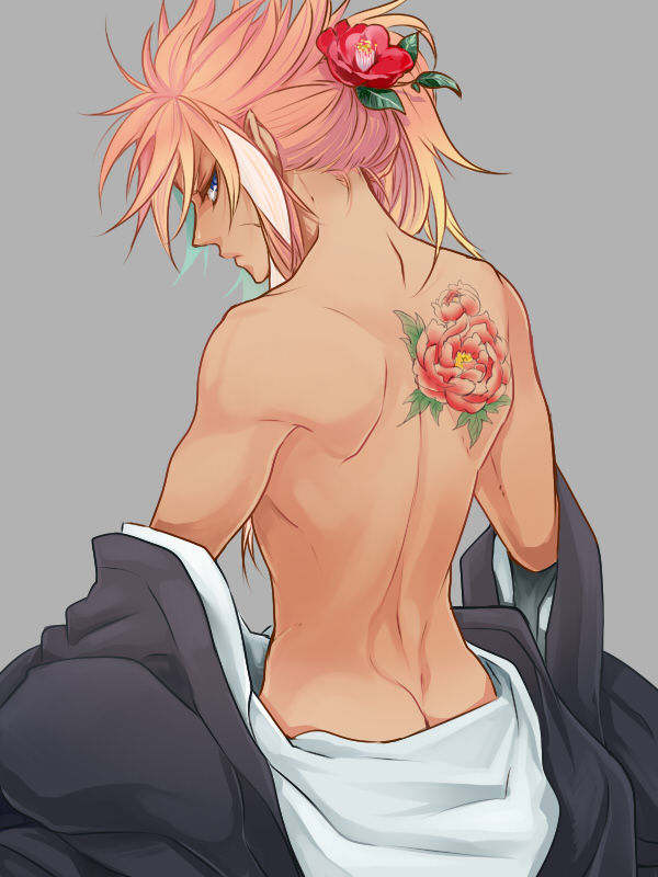 1boy ass blue_eyes flower from_behind garushaa_wolfein hair_flower hair_ornament inazuma_eleven_(series) inazuma_eleven_go inazuma_eleven_go_chrono_stone long_hair looking_back male simple_background solo tattoo undressing zuwai_kani