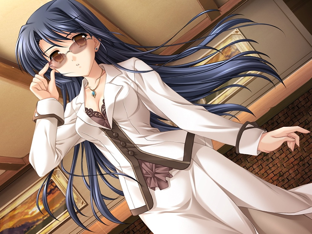 black_hair game_cg long_hair scarlett sunglasses