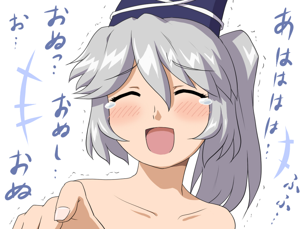 blush closed_eyes eyes_closed face hat laughing mononobe_no_futo nude open_mouth shirosato short_hair side_ponytail silver_hair solo tate_eboshi tears touhou translated translation_request