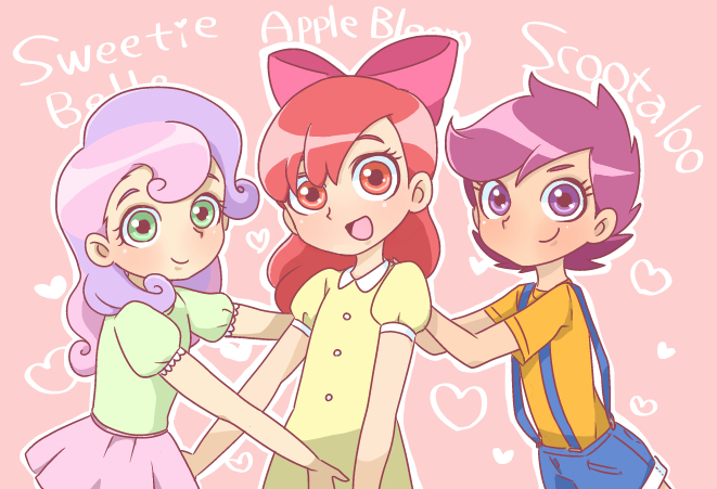 apple_bloom bow dress green_eyes hair_bow moyori multiple_girls my_little_pony my_little_pony_friendship_is_magic personification pink_hair purple_eyes purple_hair red_eyes red_hair redhead scootaloo short_hair smile suspenders sweetie_belle t-shirt violet_eyes