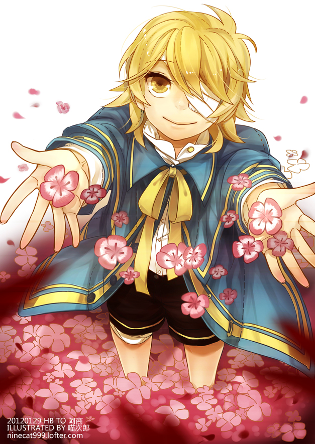 amelie999 bandage bandage_over_one_eye bandages blonde_hair flower male no_hat no_headwear oliver_(vocaloid) sailor short_hair signature smile solo vocaloid watermark web_address yellow_eyes