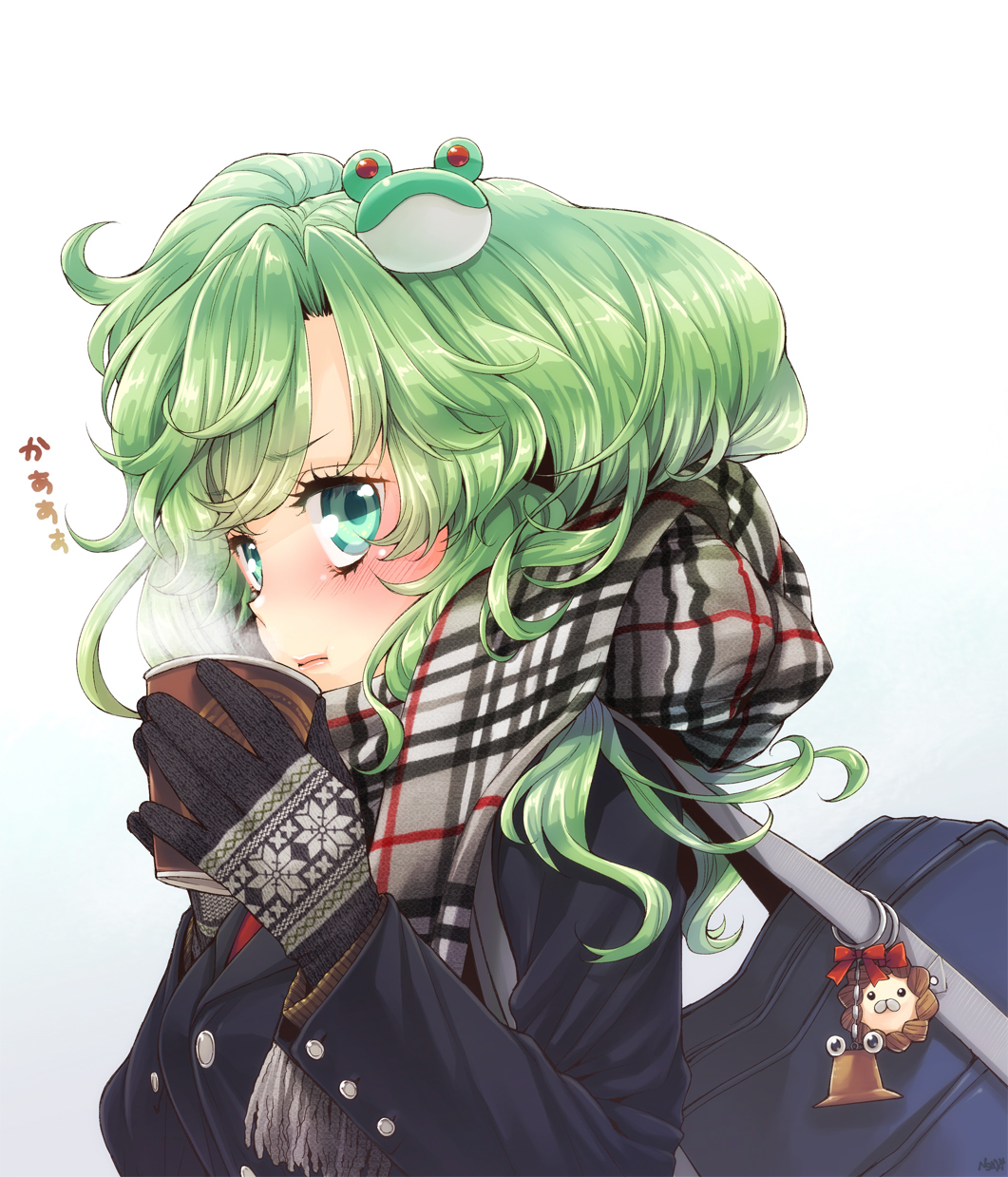 alternate_costume bag blush bust close-up coat coffee contemporary cup drink face gloves green_eyes green_hair highres keychain kochiya_sanae lips long_hair looking_at_viewer pout pyonta scarf simple_background solo touhou usaki winter_clothes