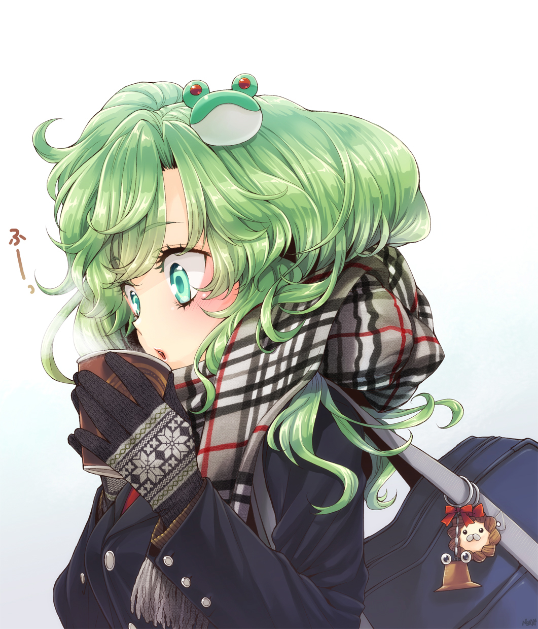 alternate_costume bag blowing blue_eyes blush bust close-up coat coffee contemporary cup drink face gloves green_hair highres keychain kochiya_sanae lips long_hair pyonta scarf simple_background solo touhou usaki winter_clothes
