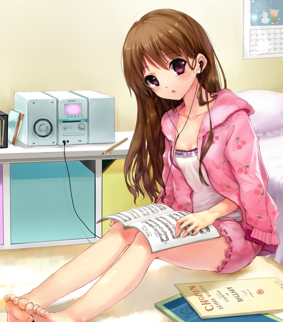 barefoot bed bloomers blush brand_name_imitation brown_hair calendar_(object) cd cd_case cd_player cherry_print earphones face feet headphones jacket listening_to_music momoko_(momopoco) nightstand pajamas pencil pink_eyes sheet_music solo sony stereo toes