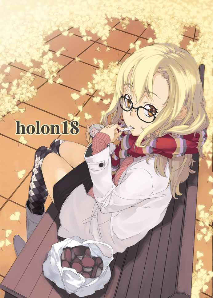 asymmetrical_bangs bangs bench blonde_hair boots brown_eyes food from_above glasses ice_cream looking_at_viewer mura_(kanojo_no_oukoku) original over-kneehighs plaid plaid_legwear scarf sitting sleeves_past_wrists solo spoon