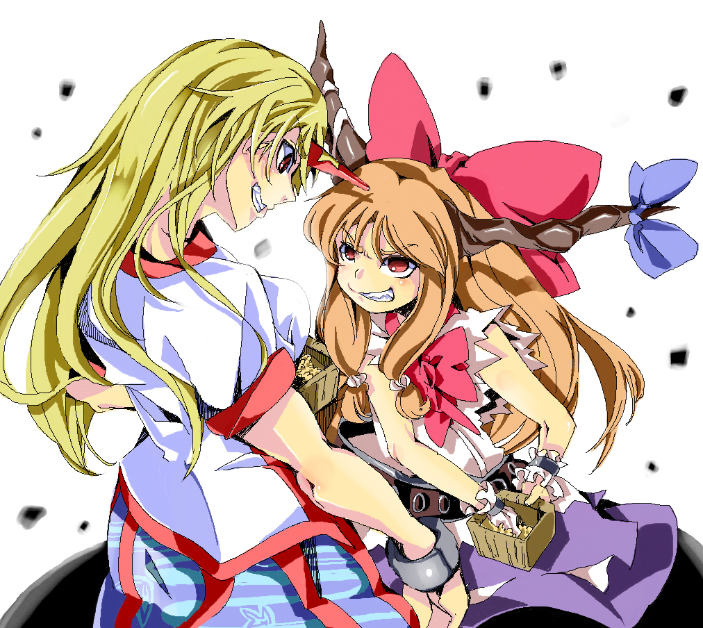 beans belt blonde_hair bow breasts clenched_teeth cuffs grin hair_bow horn horns hoshiguma_yuugi ibuki_suika long_hair looking_at_another mamemaki manacles masu multiple_girls nmknf_(mkn) orange_hair red_eyes setsubun shirt short_sleeves skirt sleeveless smile star touhou twintails white_background wrist_cuffs