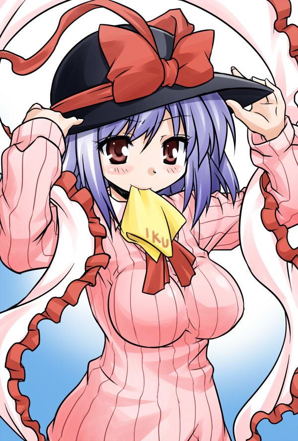 akou_roushi alternate_costume blue_hair bow breasts character_name frills handkerchief hat hat_bow holding holding_hat impossible_clothing impossible_sweater large_breasts mouth_hold nagae_iku red_eyes ribbed_sweater shawl short_hair simple_background solo sweater touhou