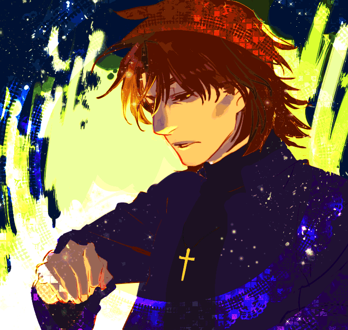 brown_eyes brown_hair cassock coat cross cross_necklace fate/stay_night fate_(series) hali jewelry kotomine_kirei long_hair male necklace solo