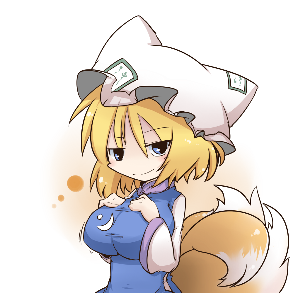 blonde_hair blue_eyes blush breasts dekasudachin fox_tail hat impossible_clothes impossible_clothing multiple_tails smug solo tail touhou yakumo_ran