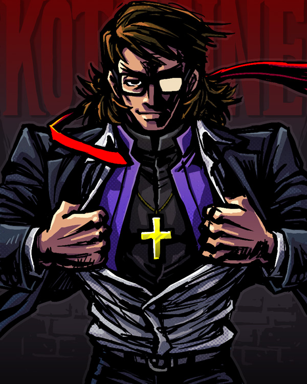 bespectacled brown_eyes brown_hair cross cross_necklace fate/stay_night fate/tiger_colosseum fate_(series) formal glasses high_contrast jewelry kotomine_kirei male mentos_(snatch) necklace necktie open_clothes open_shirt parody smile solo suit undressing