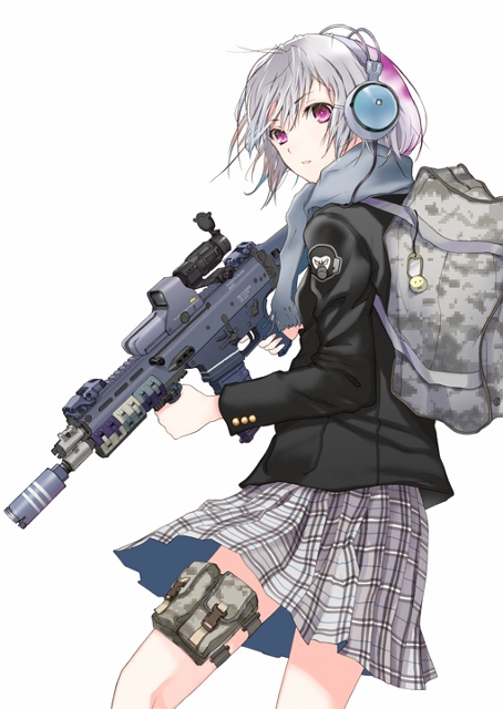1girl camoflauge character_request female girl gun rifle short_hair skirt solo source_request techno_fuyuno violet_eyes weapon white_hair