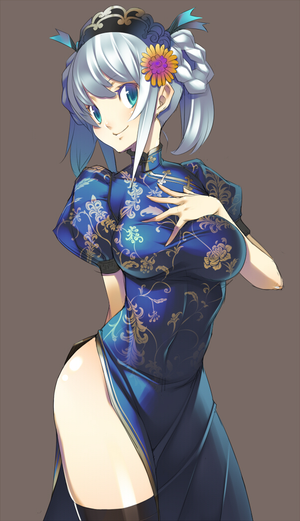 1girl aqua_eyes black_legwear blue_eyes blue_hair braid breasts china_dress chinadress chinese_clothes dress female flower grey_hair hair_flower hair_ornament hand_on_own_chest hat impossible_clothes impossible_clothing large_breasts lasa_(lasa1116) original side_slit silver_hair simple_background smile solo thigh-highs thighhighs twintails