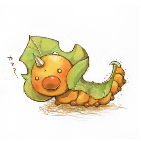 ??? caterpillar cosplay feral insect japanese_text leaf looking_at_viewer lowres no_humans pokemon pokemon_(creature) pokemon_(game) pokemon_black_and_white pokemon_bw sewaddle sewaddle_(cosplay) solo stare sting toyama1080 weedle