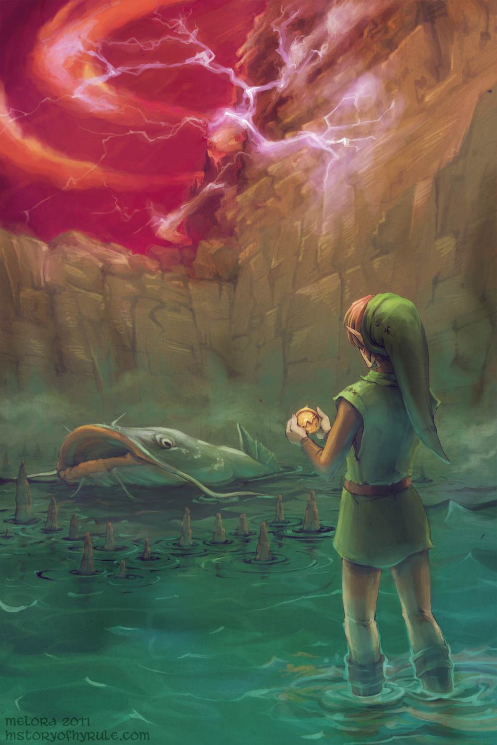 a_link_to_the_past animal belt blonde_hair boots catfish fish from_behind giant_catfish hat highres lightning link male medallion melora mountain nintendo oversized_animal pointy_ears red_sky ripples sky stalagmite the_legend_of_zelda tunic water watermark web_address
